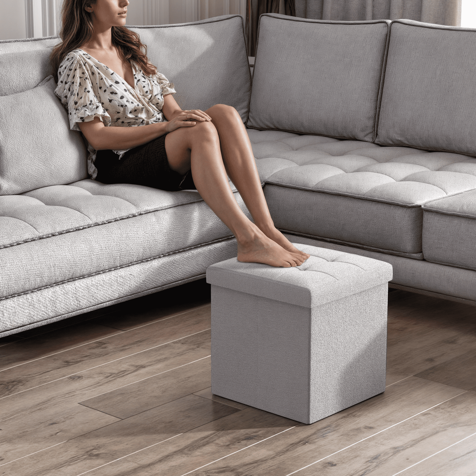 Magshion 15" Cube Folding Ottoman with Storage, Cotton-linen Collapsible Storage Ottoman Foot Stool, for Living Room Bedroom Entryway, Light Gray