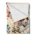 thumbnail image 2 of Ambesonne Nautical Fleece Throw Blanket Floral Japanese Wave Moon 50"x70" Blue Pink Eggshell, 2 of 5