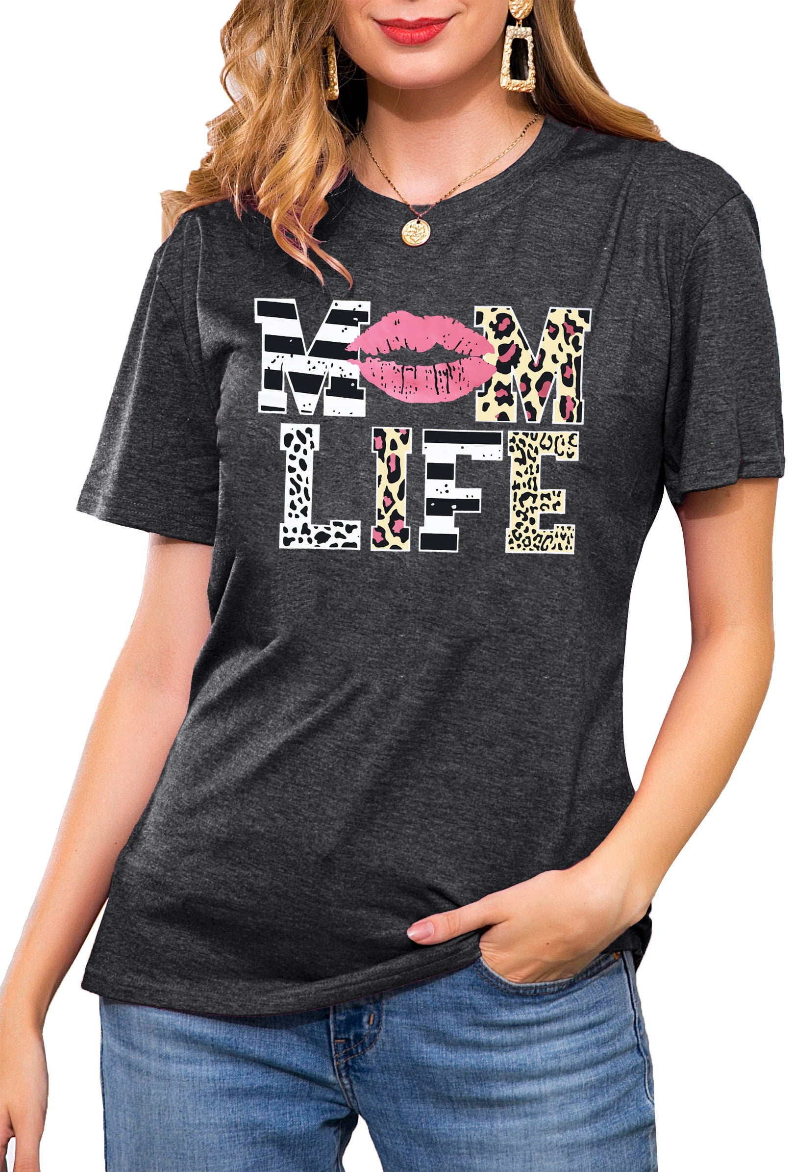 Women's Funny Mom Life Leopard Lips Graphic T-Shirt – Cute Letter Print Tee, Pink, Sizes S-2XL - View #3