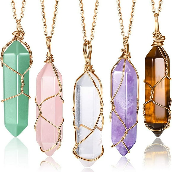 LNGOOR 5 Pcs Crystal Necklaces Pointed Quartz Natural Healing Crystal Pendant Necklace with Adjustable Chain for Women Girls