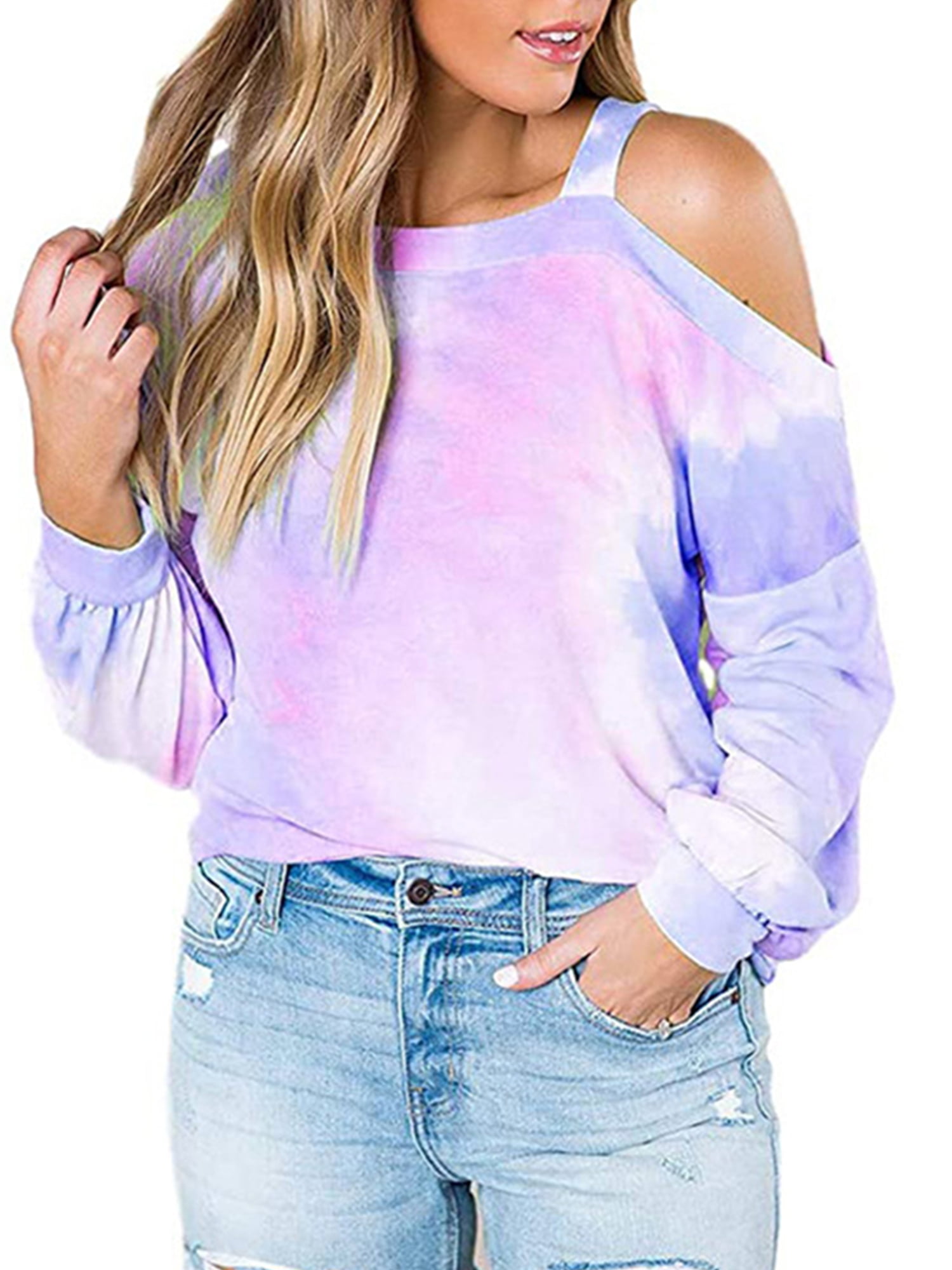 LUDAY Cold Should Blouse for Women Tie Dye Long Sleeve Crew Neck Casual Loose Pullover Tops Shirts