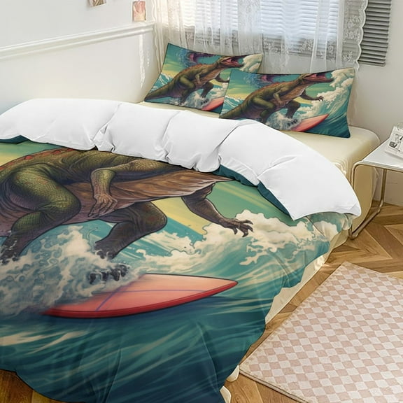 Surfing Dinosaurs 3D Duvet Cover Set Quilt Cover Theme of Kid Boy Girl for Bedroom Decoration