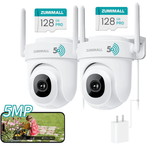 ZUMIMALL 2pcs 5MP Wired Outdoor Home Security Camera with Two 128GB SD Cards for 24/7 Recording
