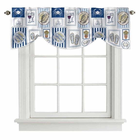 Summer Animals Tie Up Valance Curtains Grilled Fish Crab Cute Sailboat Cartoon Flip-Flops Adjustable Light Filtering Tie Up Valance Small Window Shade for Kitchen Bedroom Cafe 42" W x 12" L
