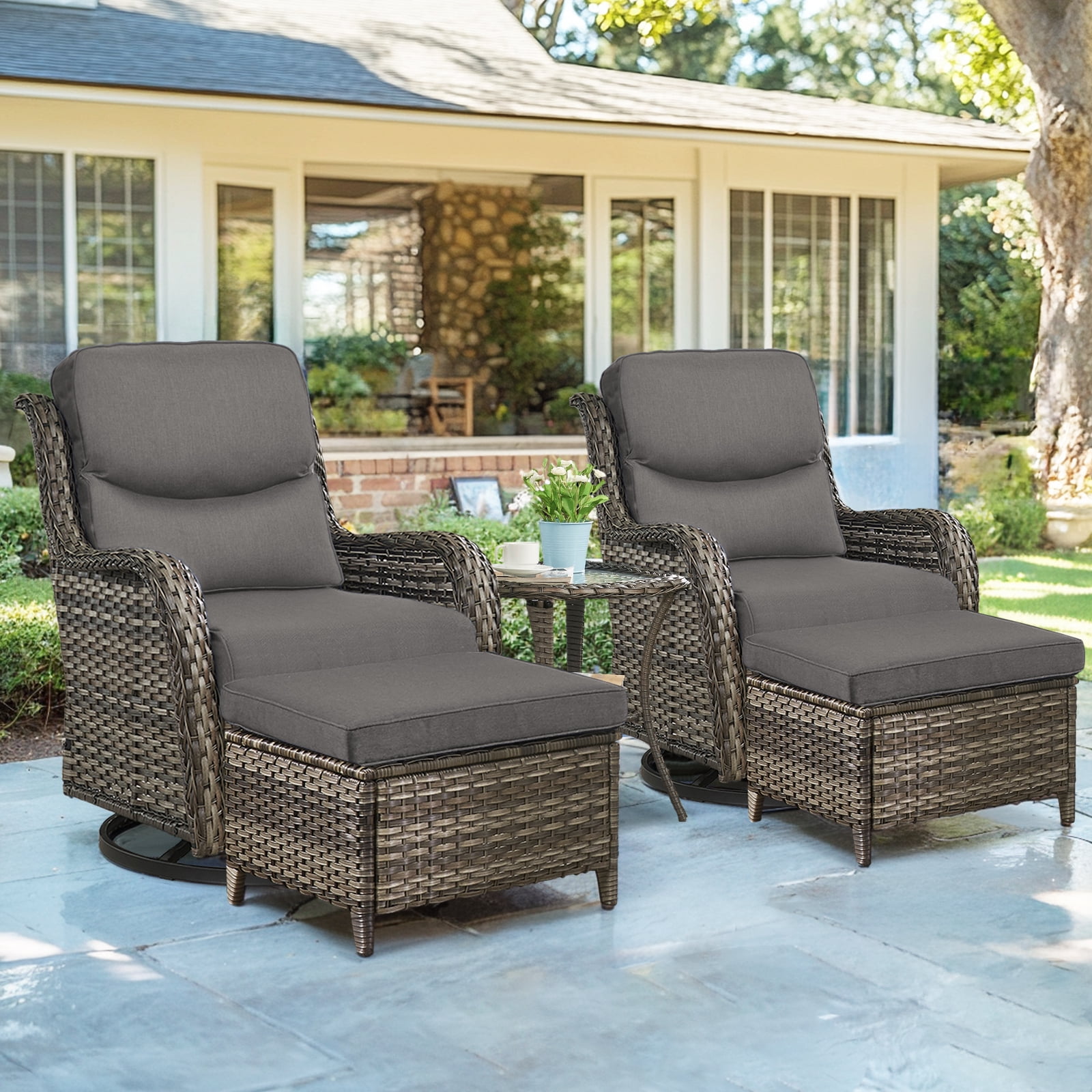POCASSY 5 Pieces Patio Furniture Set with Swivel Chairs and Ottomans, High Back Deep Seat Cushioned Wicker Outdoor Conversation Set for Porch & Balcony, Gray Wicker/Beige Cushion