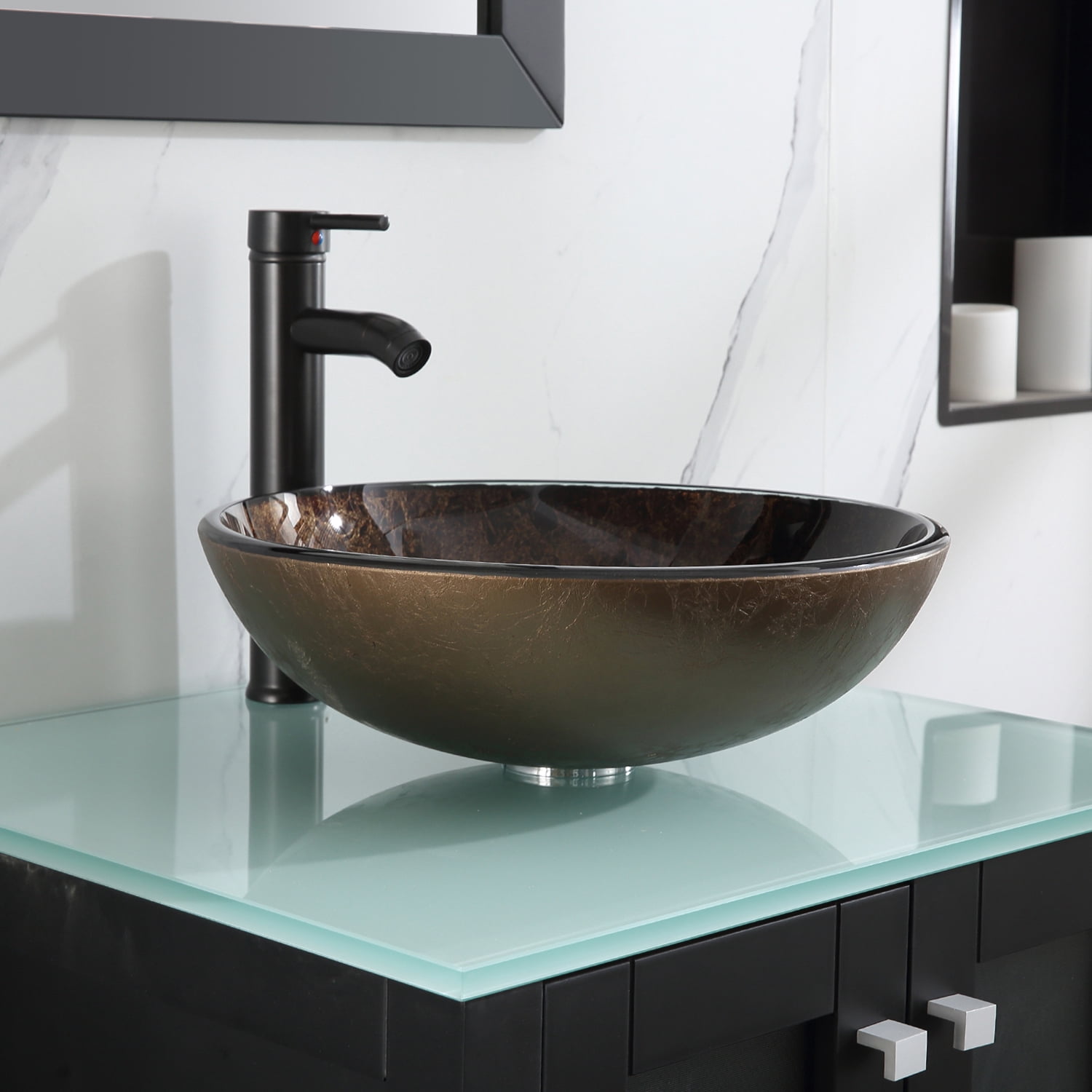 Wonline 24" Vessel Sink Wood Bathroom Cabinet w/Mirror And Temepered Glass Countertop