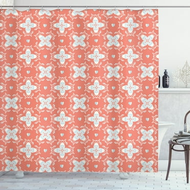 Geometric Shower Curtain, Damask Pattern Inspired Floral Shaped Repetitive Elements Art Print, Fabric Bathroom Set with Hooks, 69W X 70L Inches, Coral and Baby Blue, by Ambesonne