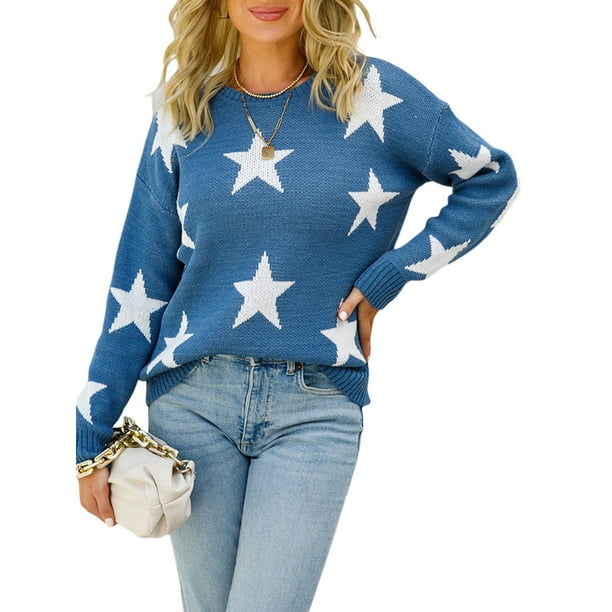 Sunloudy - Suéter de manga larga para mujer, diseño de pentagrama a la moda, cuello redondo, prendas de punto sueltas Sunloudy moda