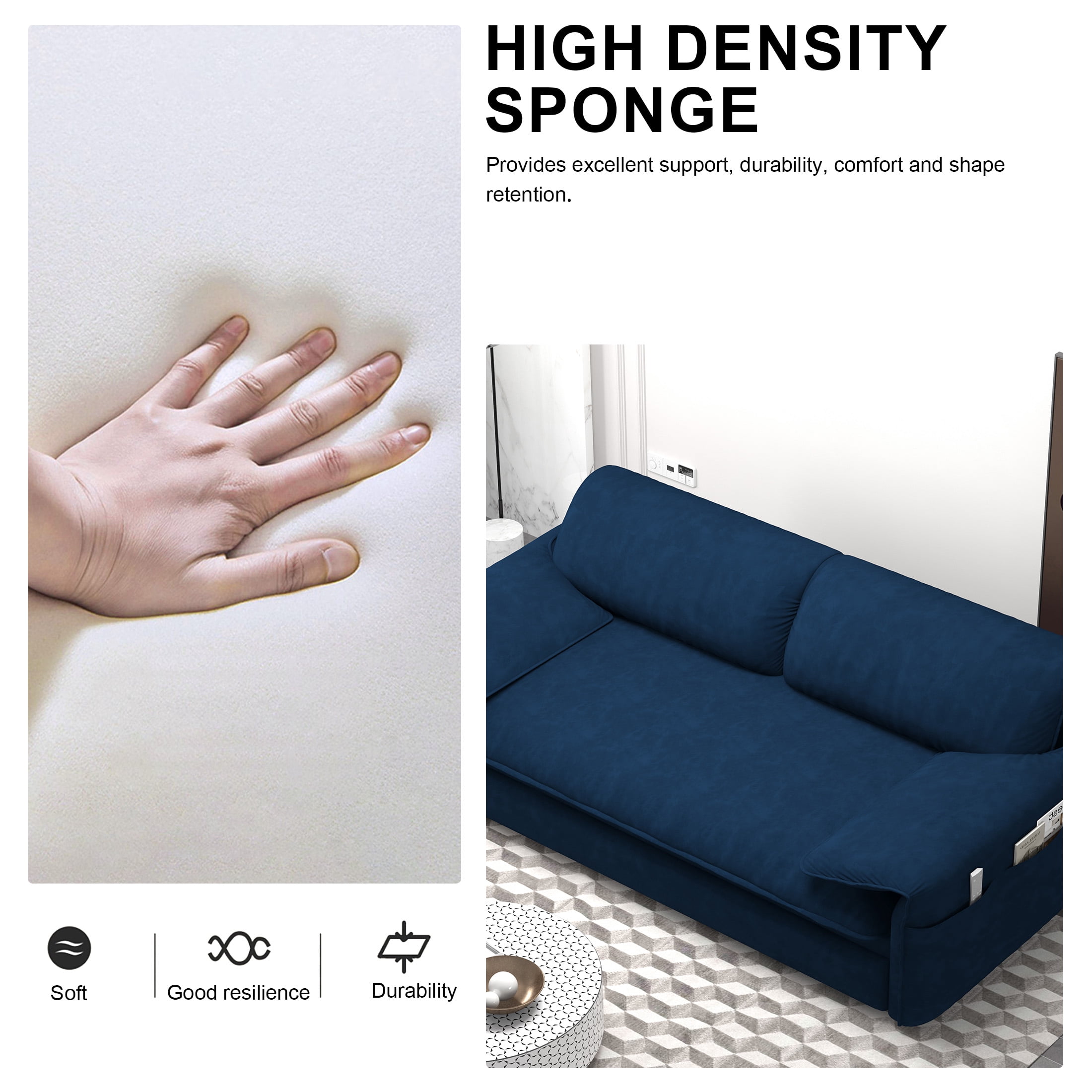 Aukfa Queen Sleeper Sofa Bed, Convertible Loveseat Pull Out Sofa Couch with Side Pockets, Blue