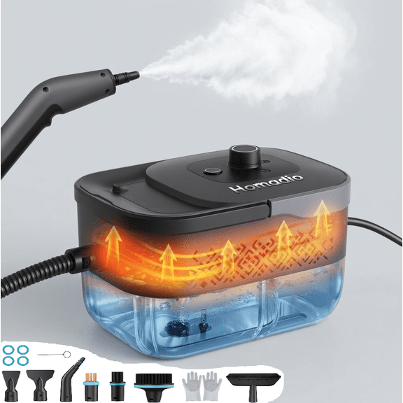 Homadio Handheld Steam Cleaner, 3000W 12s Rapid Warm‑up, 3‑Tier Steam Adjustment, 16‑Piece Accessory Set, 1.6L Large Water Tank,Kitchen, Bathroom, Automobile, Glass Window & Tile Surfaces
