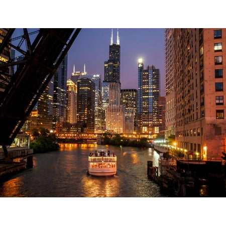 Chicago River and Skyline at Dusk with Boat Print Wall Art By Alan (Best Place To Photograph Chicago Skyline)