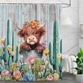 thumbnail image 2 of Farmhouse Highland Cow Shower Curtain, Cute Western Spring Rustic Teal Wooden Tropical Cactus Floral Bathroom Decor, Country Plant Animal Fabric Shower Curtain for Bathtub Decor with Hooks, 69X75in, 2 of 5