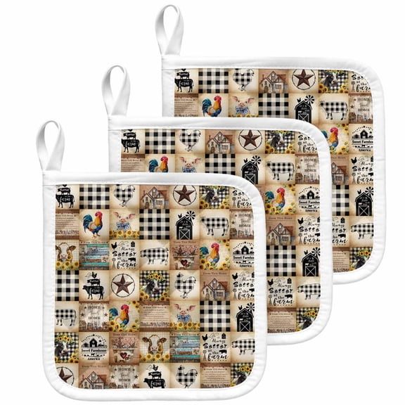 Animals Farmhouse Pot Holders for Kitchen Heatproof Potholder, 3 Pack Vintage Farm Country Star Brown Plaid Hot Pads Multipurpose Oven Pads Cloth Potholders Trivet for Cooking Baking