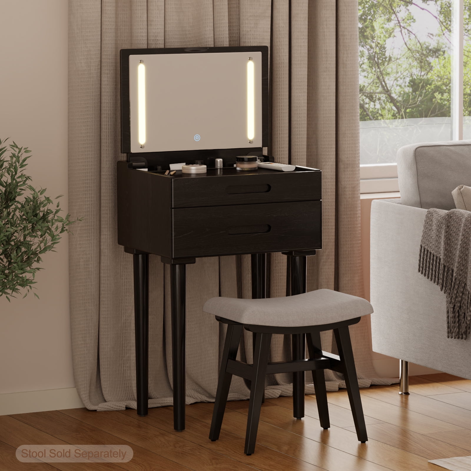 Muwuele Solid Wood Vanity Desk with Flip Top Mirror, Small Makeup Vanity with  Stool, Brightness Adjustable Lights, Compact Dressing Table for Bedroom, Living Room, Black