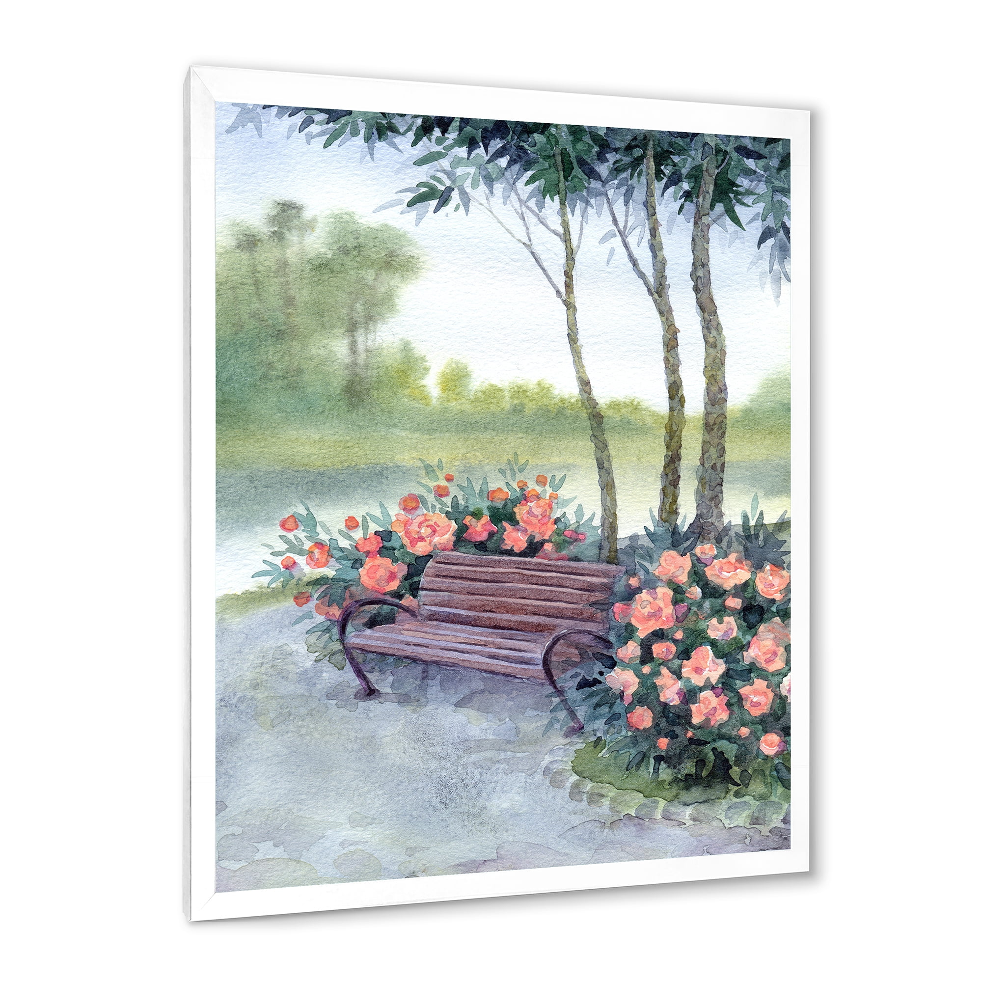 Designart 'Bench In Park By The Pions Flowers Bushes' Traditional Framed Art Print