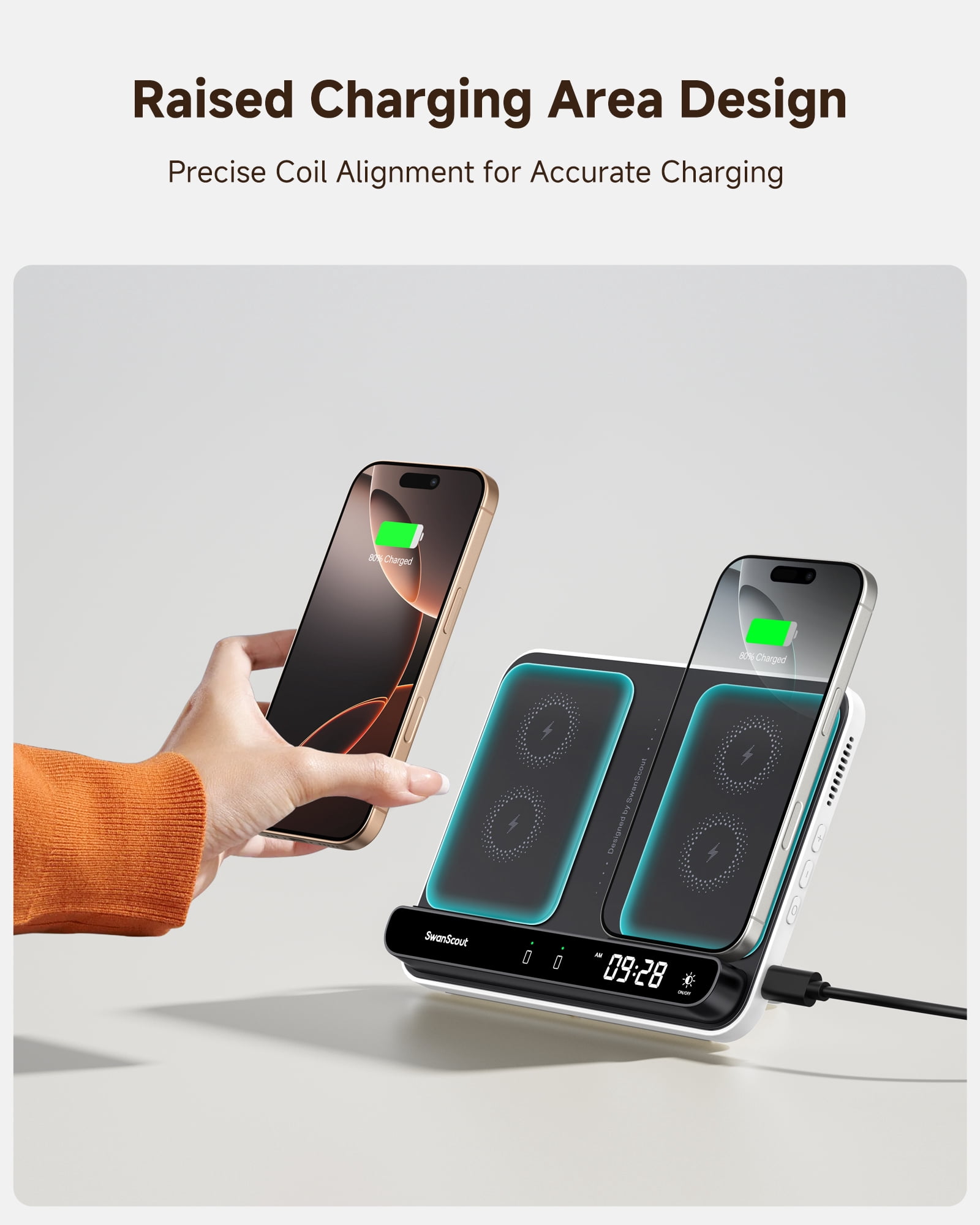 Dual Phone Charger, SwanScout 710A, Wireless Charger for iPhone 16/15/14/13/12/11/8/X Series, for Apple Watch 10/9/8/7/6, Ultra 2/Ultra, for AirPods 4/Pro 2/Pro/3