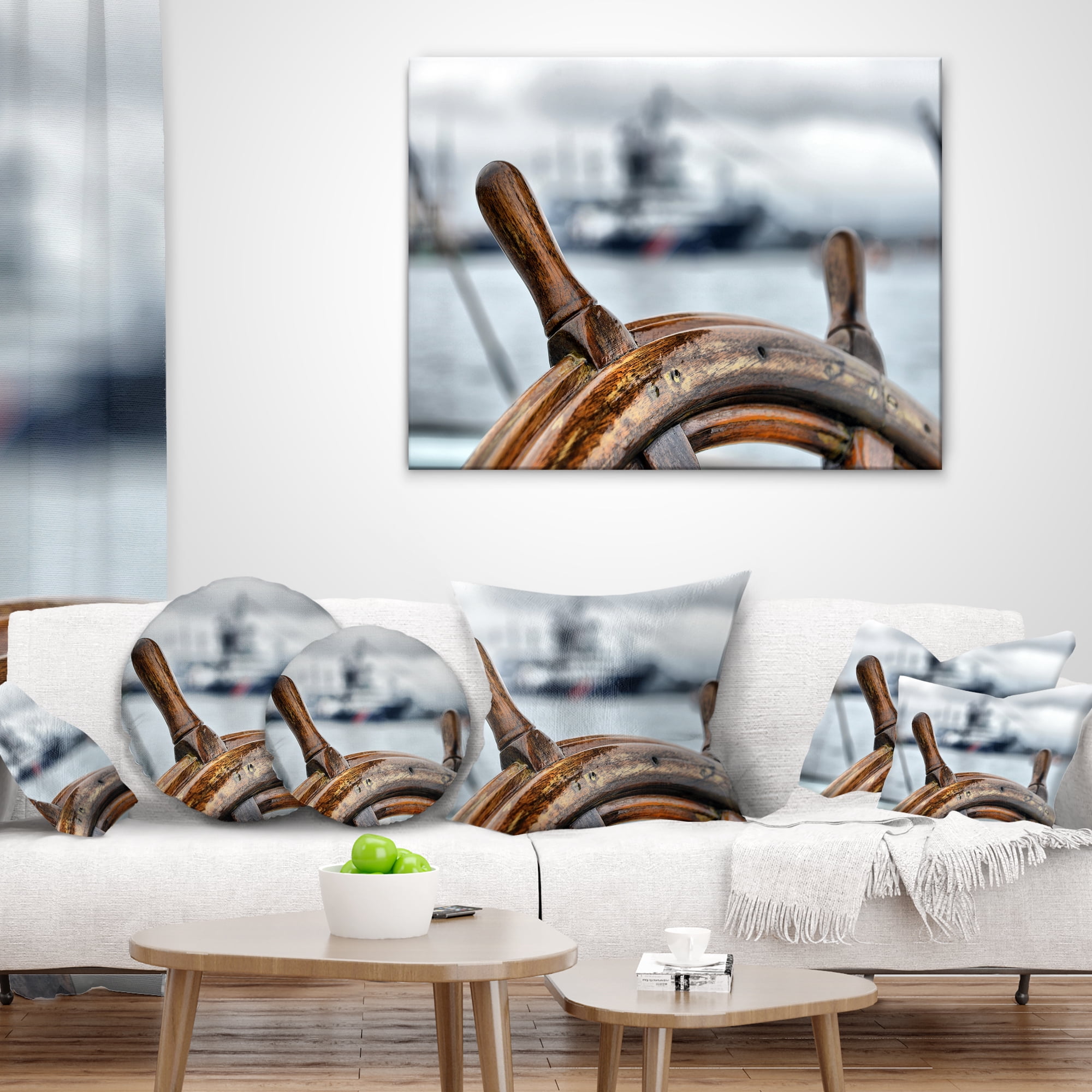Designart Steering Wheel Sailboat - Landscape Photography Throw Pillow - 16x16