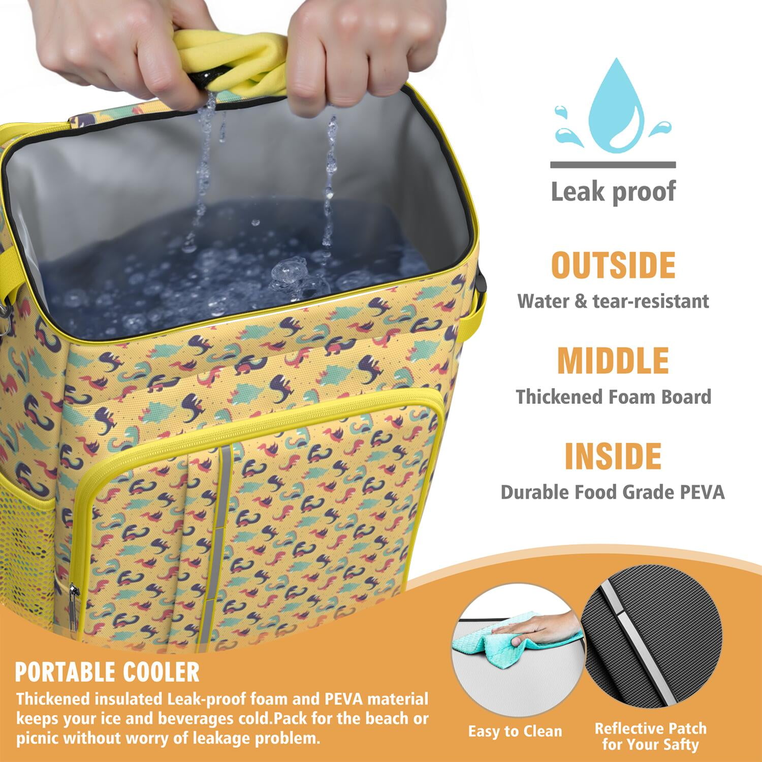 Travel Cooler Bag - Yellow Cartoon Dinosaurs Pattern Camping Beer Cooler Backpack with Bottle Opener- Waterproof Insulated Picnic Backpacks - Cooler Bag for Beach