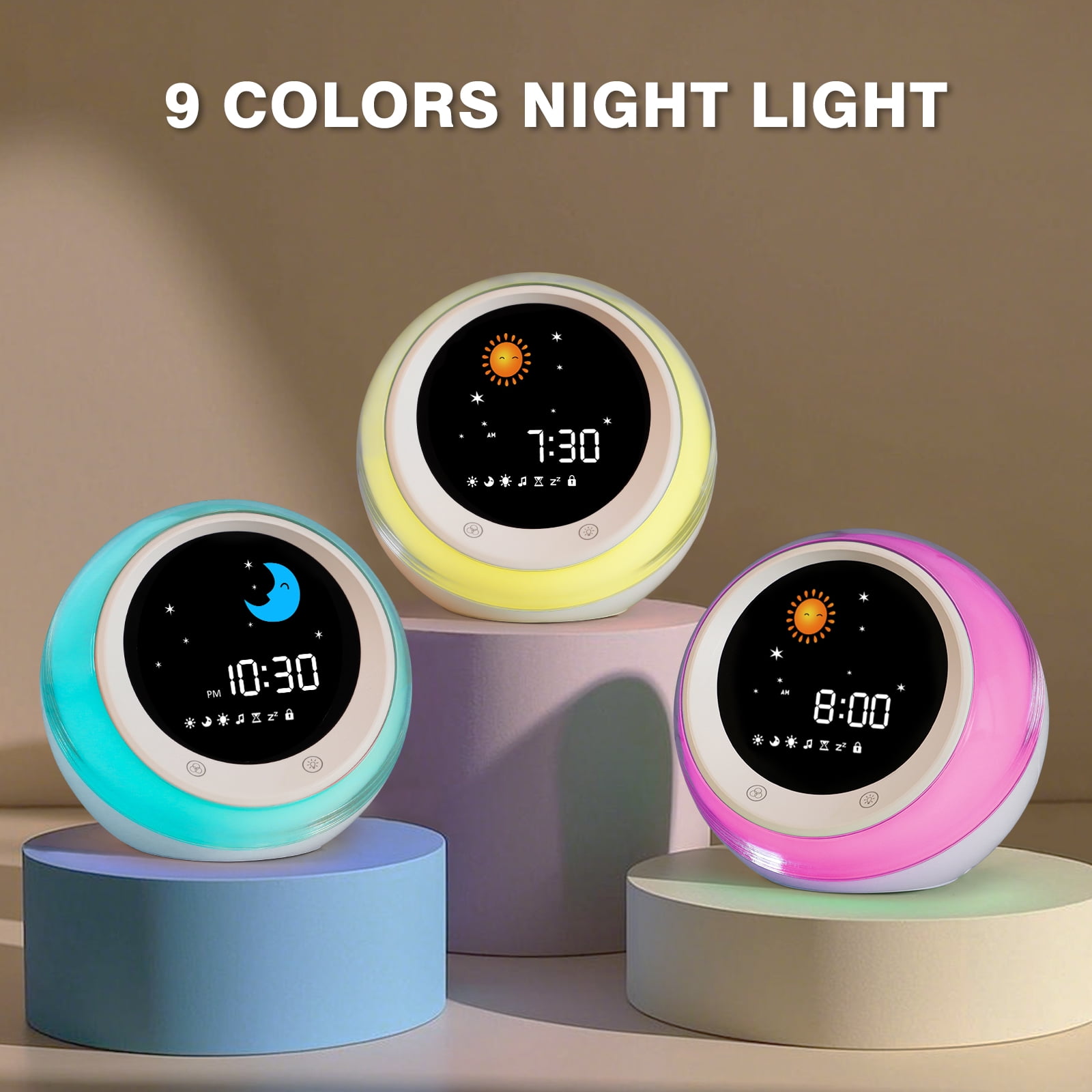 Sun & Moon Rise Kids Alarm Clock, Children's Sleep Trainer ,Sleep Sound Machine, Wake Up Light & Night Light ,Teach Kids Day & Night