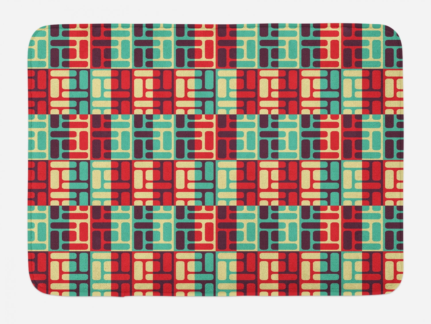 Geometric Bath Mat, Colorful Illustration with Stripes and Squares Grid ...