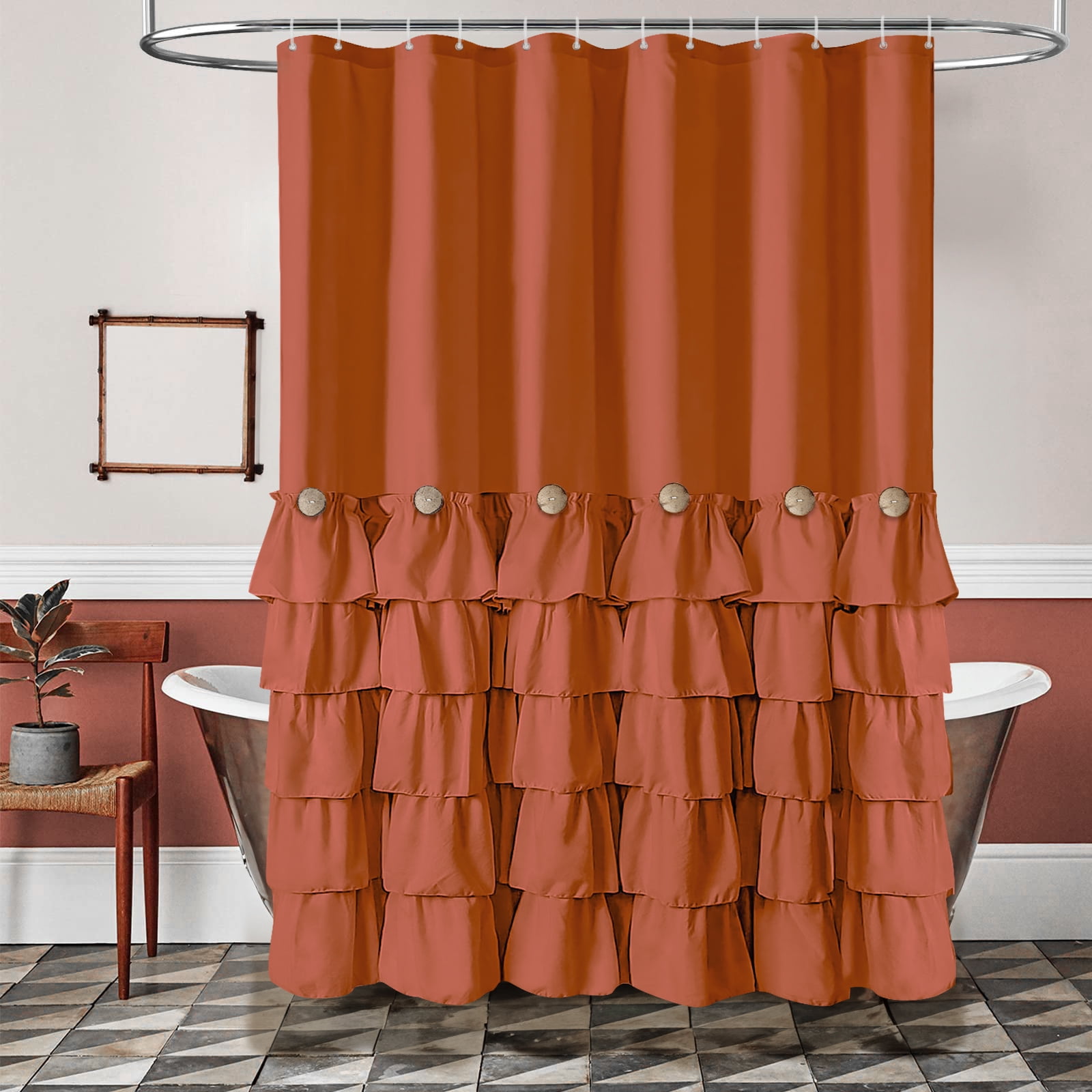 Lipa Farmhouse Ruffle Shower Curtain,Shabby Chic Shower Curtain with 12 Hooks,Dark Orange,72" x 72"