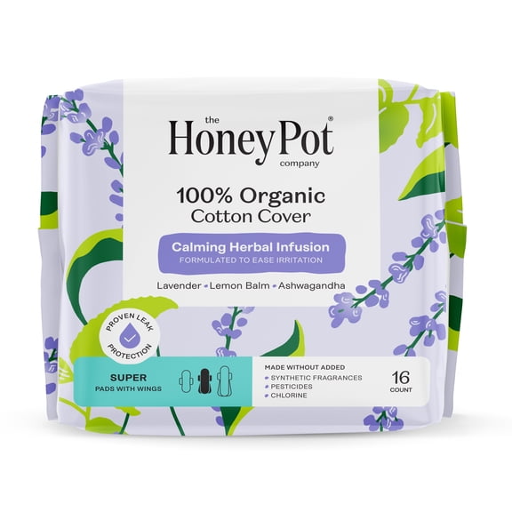 Honey Pot 100% Organic Cotton Cover Calming Herbal Infusion Super Pads, 16 Count