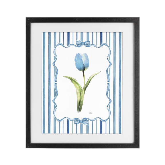 Stupell Industries Cottage Single Blue Tulip Stripes Black Framed Print Under Glass, 13 x 16, by Nan