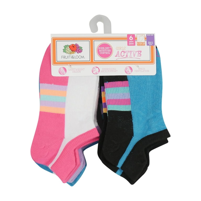 Fruit of the Loom Girl's Active Flat Knit No Show Tab Socks, 6 Pack