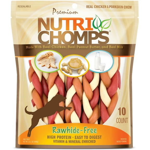 Nutri Chomps Premium Rawhide-Free Braided Dog Treats, Real Chicken, Peanut Butter & Milk, 6 Inch, 10 Count