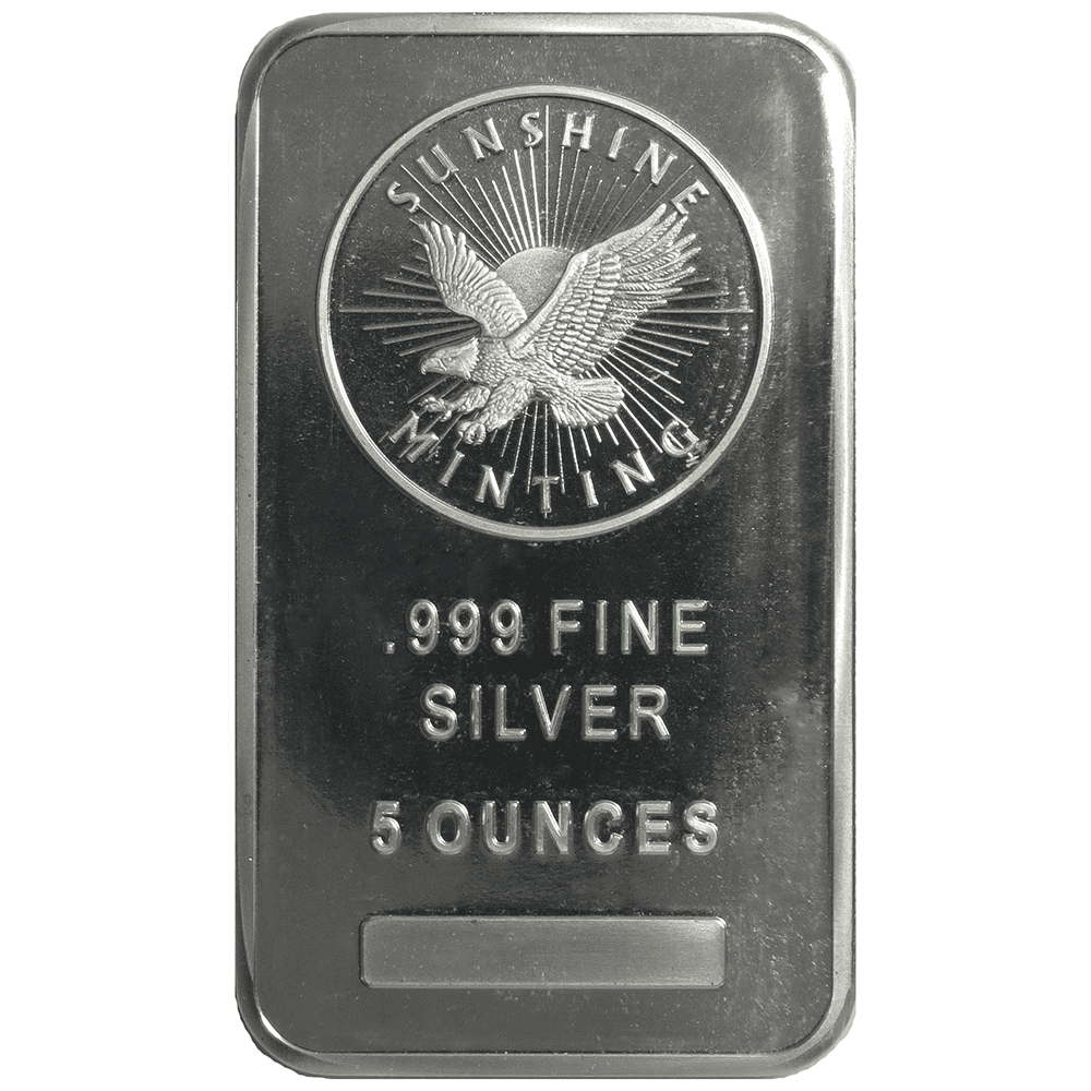 silverバー Sunshine Mint 5 oz Silver Bar with Mint Mark SI, .999 Fine