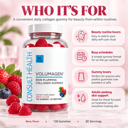 Consult Health VOLUMAGEN Skin Plumping Collagen Gummies with Verisol Bioactive Collagen Peptides, Biotin, Decrease Wrinkles, Increase Skin Elasticity, Natural Berry Flavor,120 Count
