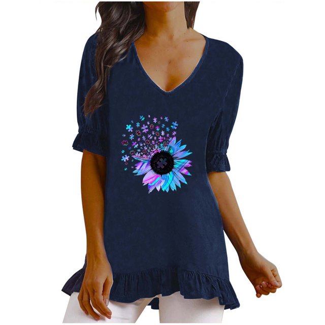 Blusa superior de lino y algodón con estampado de manga corta y cuello redondo para mujer Pompotops hkajfhjk468819