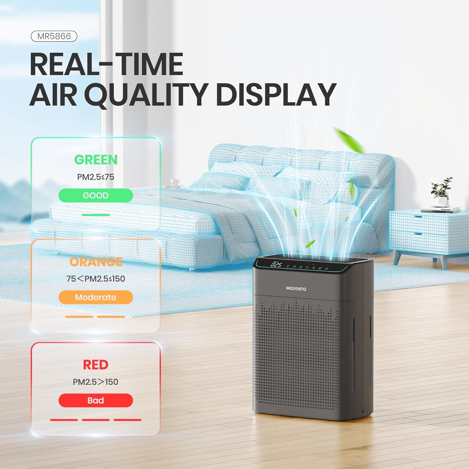 MORENTO Smart Air Purifier for Home Bedroom Large Room Up to 1290 Sqft, Wi-Fi and Alexa compatible, Double-sided HEPA Filter Air Cleaner for Smoke, Dust, Pollen, Pet Hair, Odor, Grey