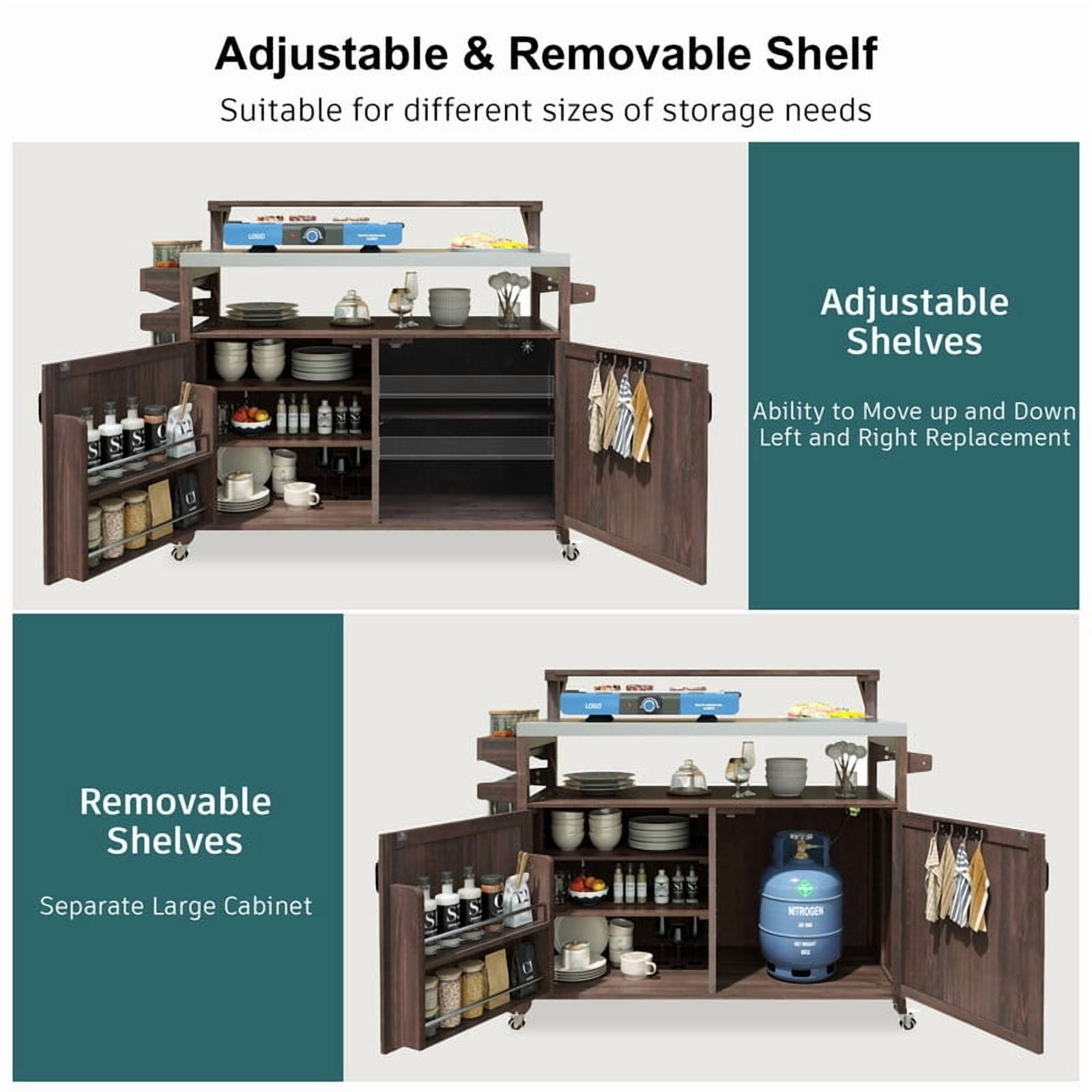 Outdoor Kitchen Island with Raised Shelf & Stainless Steel Top, Outdoor Rolling Grill Cart with Adjustable Shelf & Internal Storage Rack
