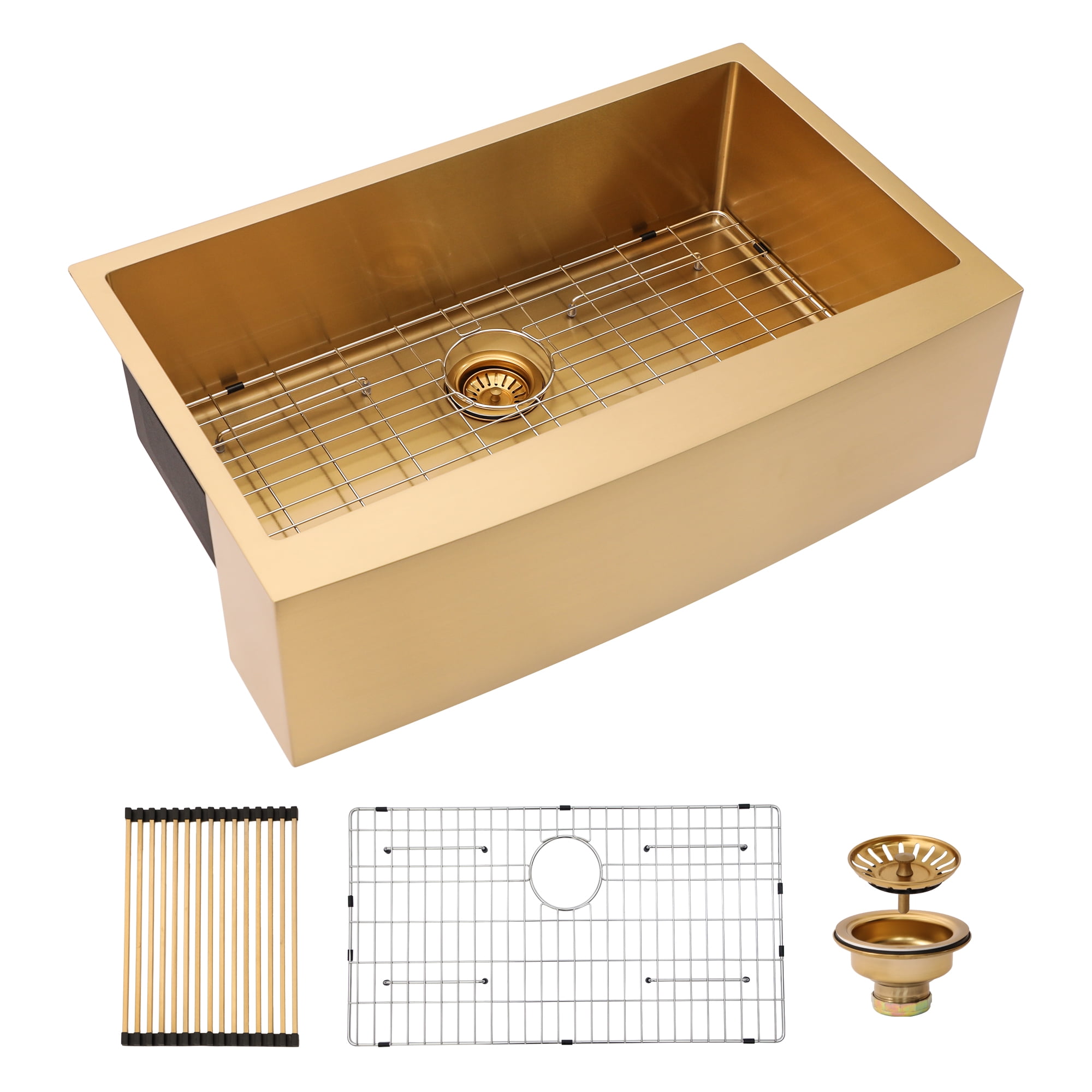 Izzovium 36 Inch Gold Farmhouse Sink - 16 Gauge Stainless Steel Apron Front Kitchen Sink with Nano-PVD Coating, Sound Proof & Easy Drain Design