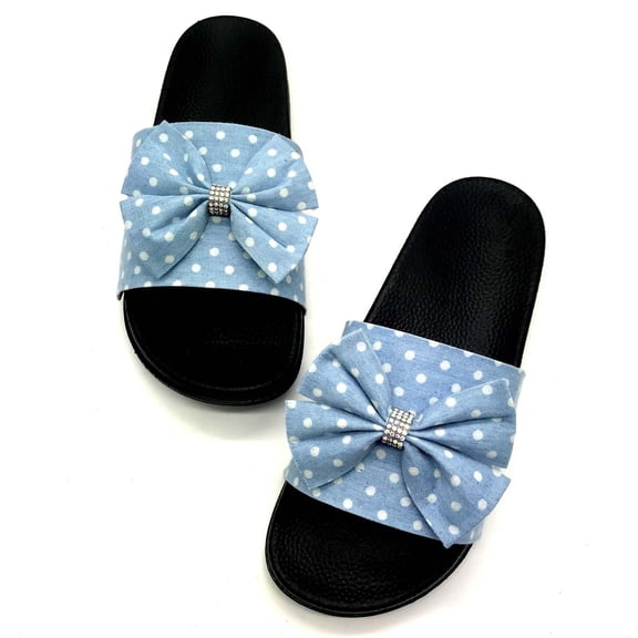Women's Summer Denim Polka Dot Shoes One-Word Butterfly Rhinestone Slippers