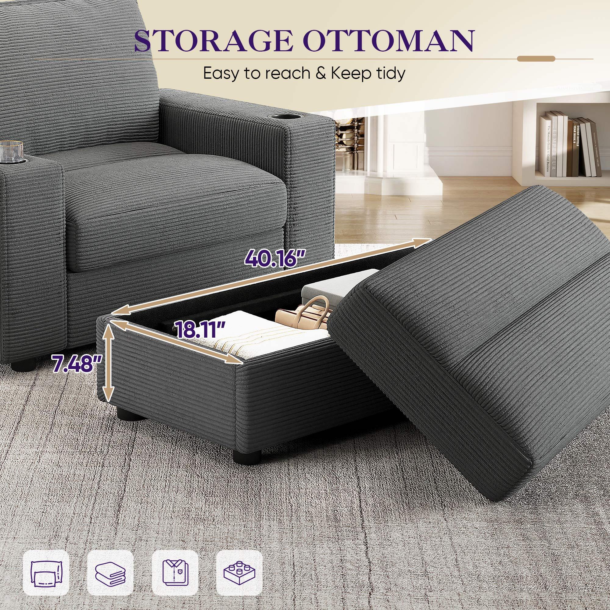 Lunale 42.8" Accent Chair with Ottoman, Indoor Chaise Lounge Chair with USB & Storage, Plush Reading Sofa Armchair for Living Room, Bedroom, Apt, Gray Corduroy