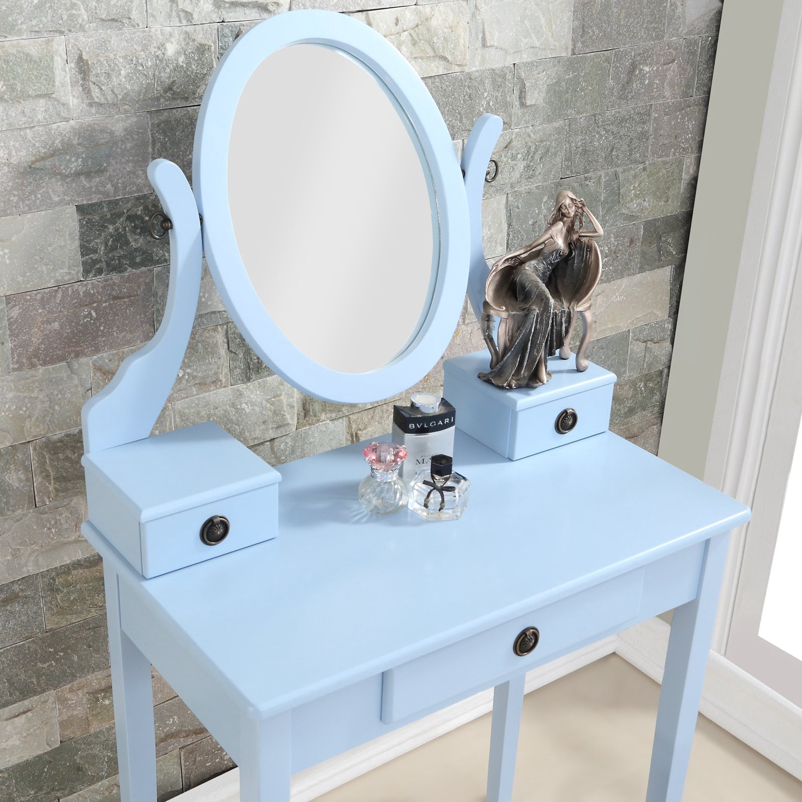 Roundhill Furniture 3 Piece Adult Modern Storage Drawers and Mirror Table Set Blue