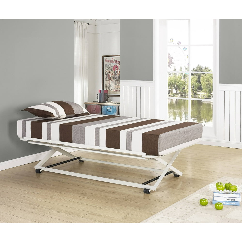 Archer 17"H PopUp Trundle High Riser Bed Frame, Cream White Metal, 39'' Twin