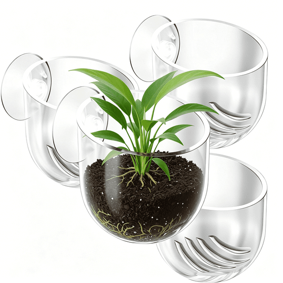 ACDANC 3-Pack Clear Acrylic Aquarium Plant Holder, Fish Tank Plant Cups with Suction Cups, Aquascape Decor Potted Planter for Home Tanks