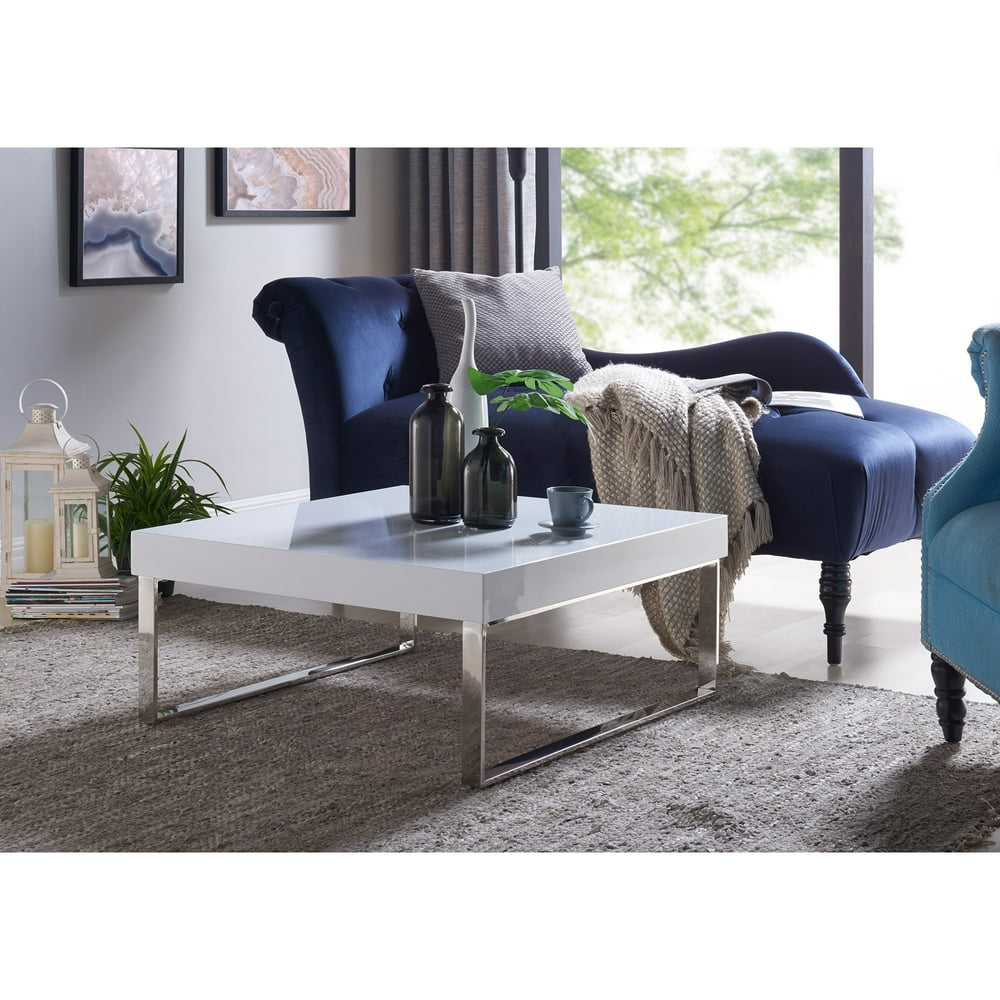 Handy Living Enrique White Square Coffee Table with Chrome Legs