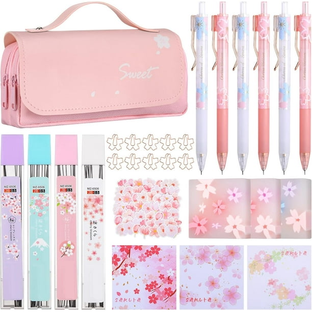 Crtiin - Juego de papelería de 74 piezas con diseño de flor de cerezo, estuche para lápices japonés, portaminas, borradores de cereza, recambios y pegatinas para regalos de oficina (rosa)