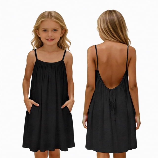 gdxvjhbj Robes Filles Été Robe Bébé Fille Papillon Tutu à Volants Sans Manches Robes Robe de Fête Taille 6-7 (Noir, 6-7 Ans)