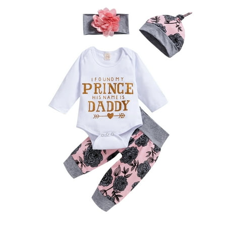 

Binpure 4PCS Baby Girls Set Letter Print Top Romper Floral Long Pants Headband