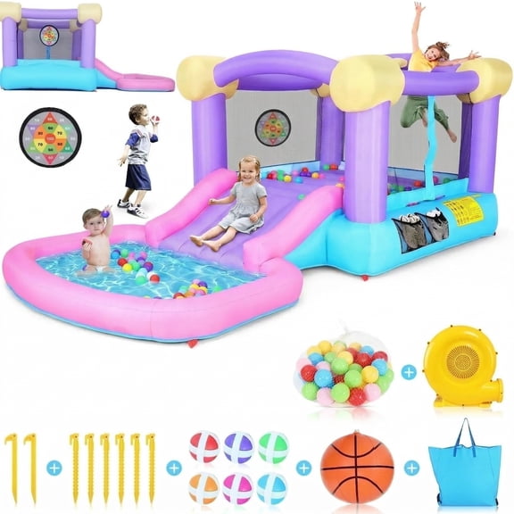 Inflatable Bounce House, 161"X82"X63" Indoor Outdoor Jumping House with 470W Blower, Water Slide Bouncy Castle for Kids Toddler 3~10 Years, Backyard Birthday Party Gifts