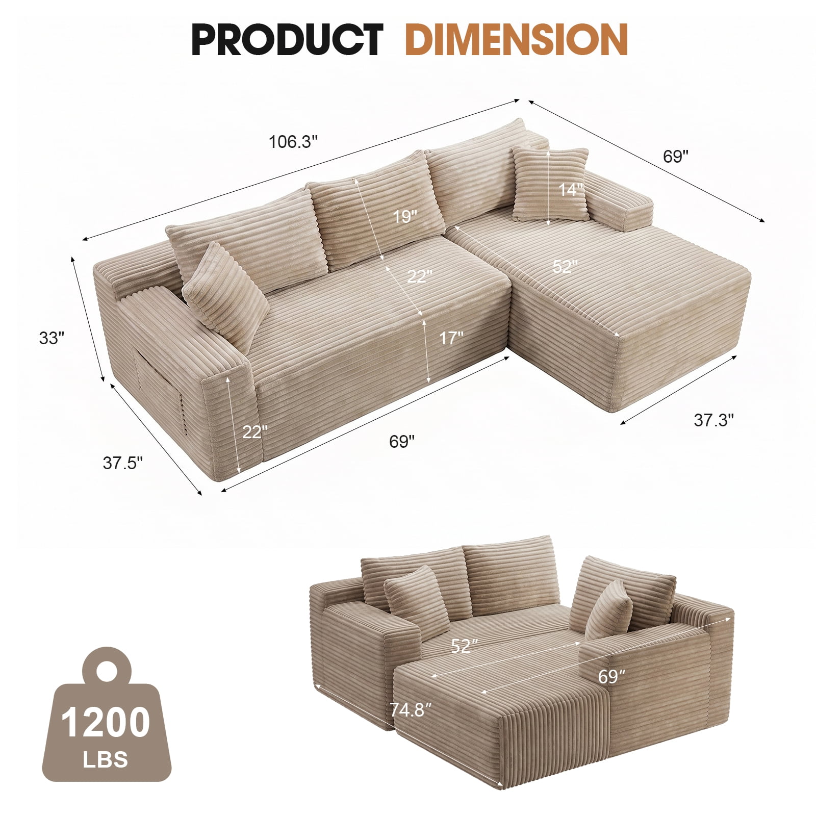 Aukfa 95" Cloud Sectional Couch, Modular L Shaped Boneless Sofa with Right Facing Chaise&2 Storage Pockets, Camel