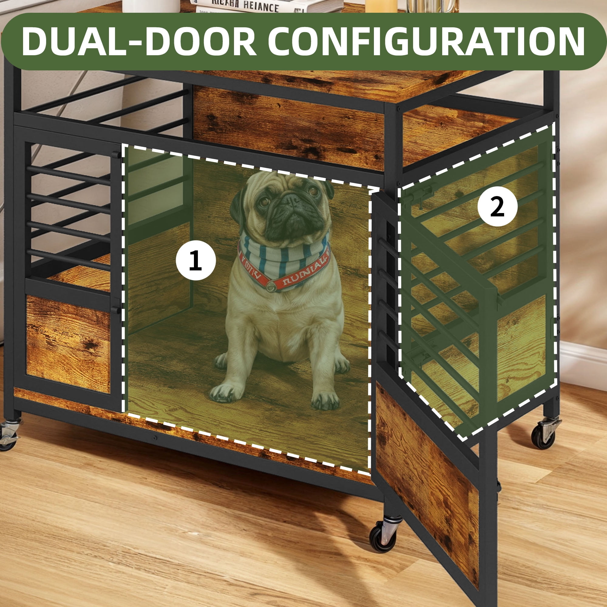 Uforic 32 Inch Dog Crate Furniture with Wheels,Wooden Dog Kennel for Dogs - Rustic Brown