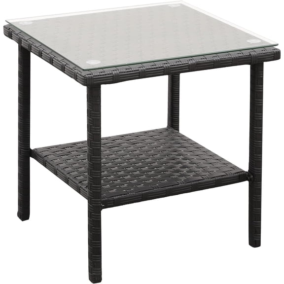 ANHXN Outdoor PE Wicker Side Table Patio Rattan End Table with Glass Top 2-Layer Furniture