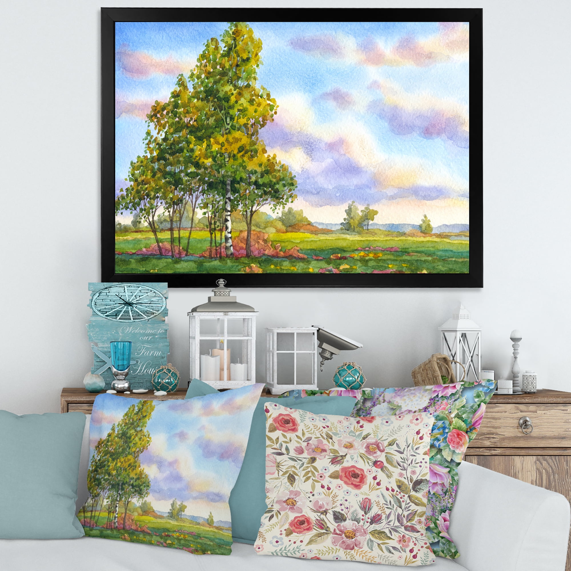 Designart 'The Trees In The Evening Landscape Field ' Traditional Framed Art Print