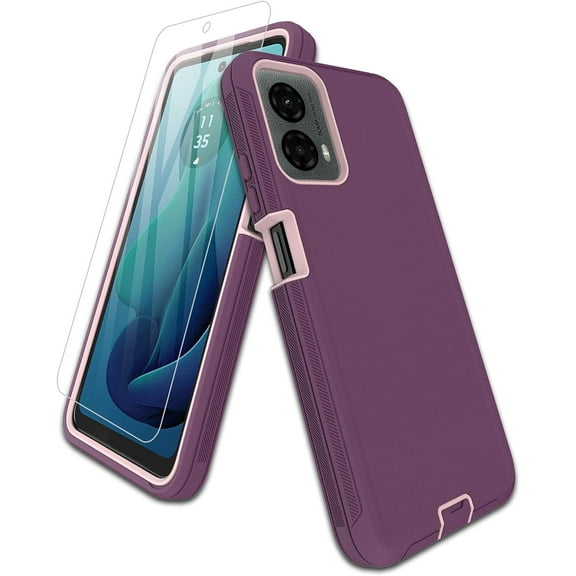 for Motorola Moto G 5G(2024) Case, Moto G Play 5G(2024) Case, with Screen Protector, Port Cover, Full-Body Non-Slip Silicone Rubber Covered, 3-Layer Drop-Proof Phone Case, Purple Red